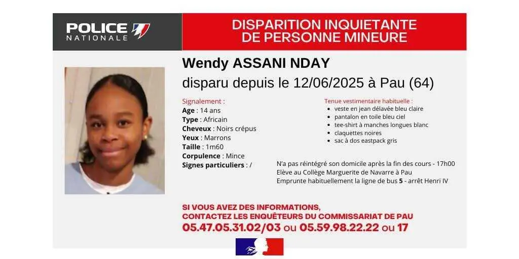 Disparition inquiétante à Pau : Wendy, 14 ans, recherchée activement